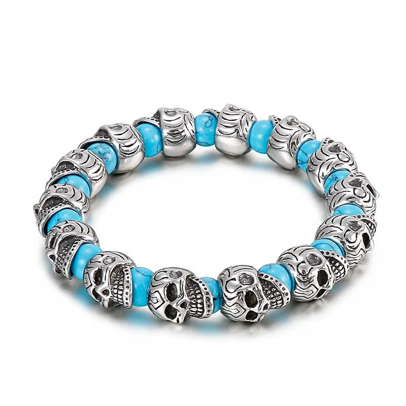 8mm Classic Skull Men Bracelet Vintage Turquoise Stone Strand