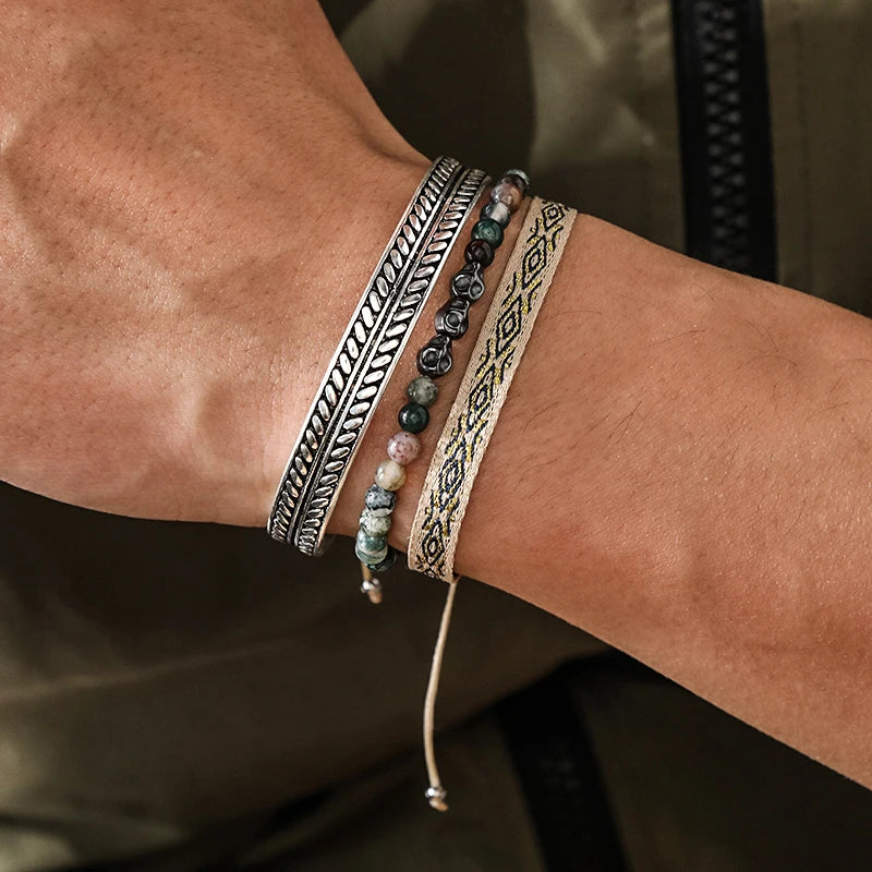 925 Silver Plated Skull Beads Cuff Bracelet Set