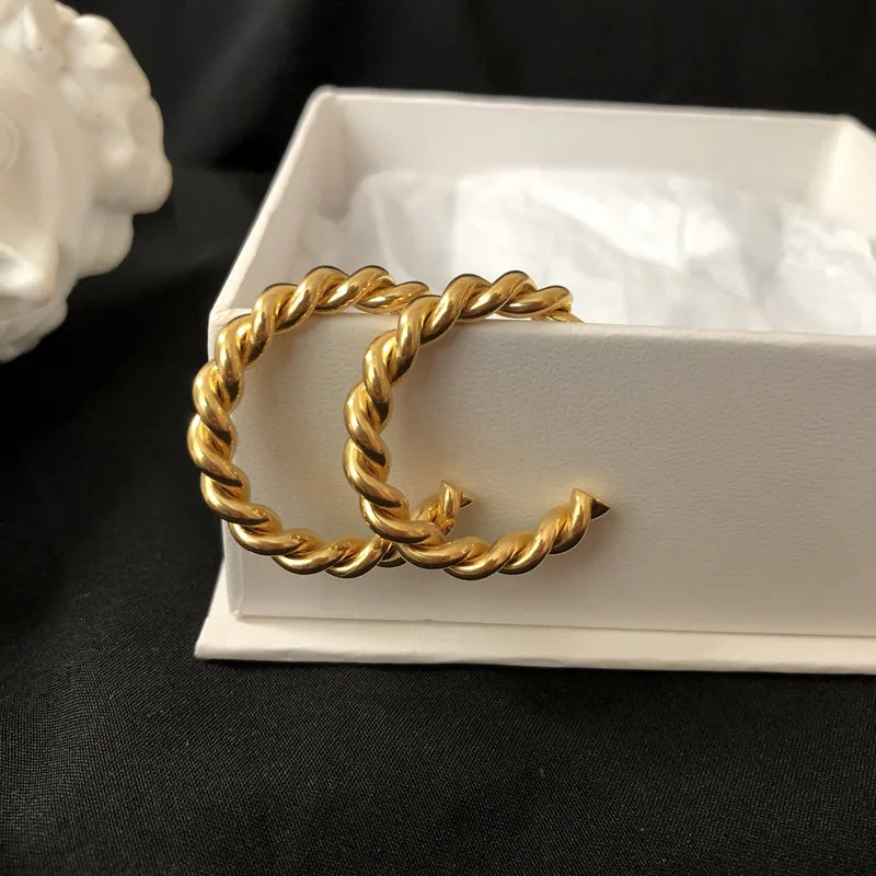 French Twisted Hypoallergenic Tarnish Stainless Steel 18K CC Hoop Earrings