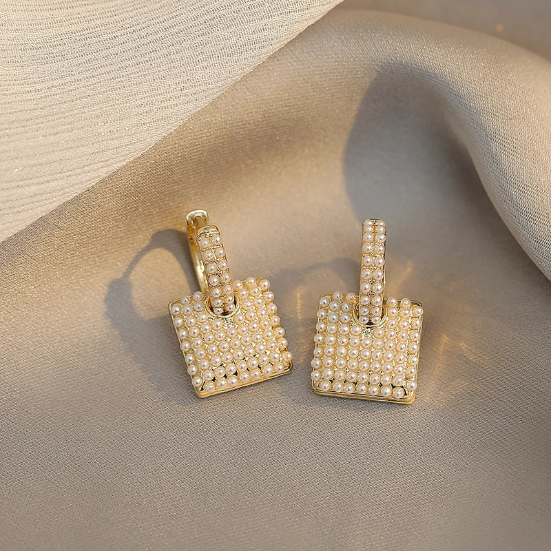 Small Pearl Geometric Square Pendant Earrings for Women Jewelry
