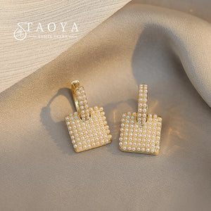 Small Pearl Geometric Square Pendant Earrings for Women Jewelry