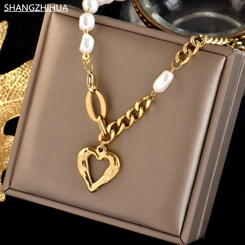 European Titanium Steel Metal Chain Pearl Necklace Women Retro