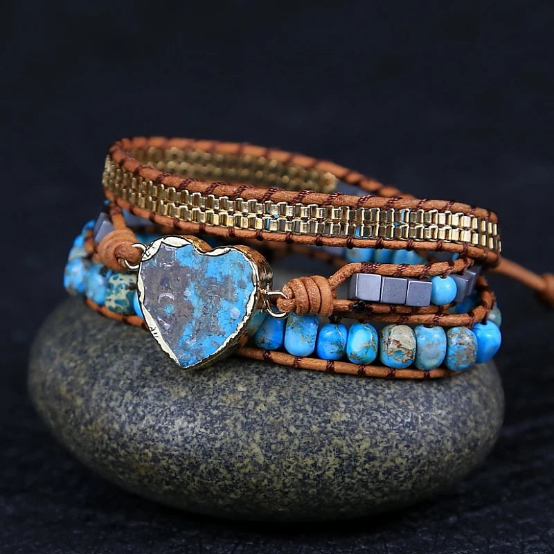 Multilayered Leather Wrap Bracelet with Ocean Jasper Charm Beads