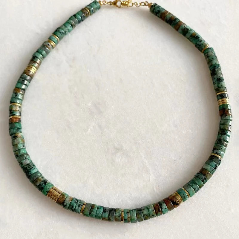 Natural Stone Beaded Necklace Green Gray Retro Charm Jewelry Men Women