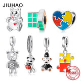 925 Sterling Silver Rainbow Puzzle Bear Beads for Bracelet