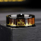 9mm Tungsten Wedding Band Inlay Koa Wood Deer Family Silhouette Ring
