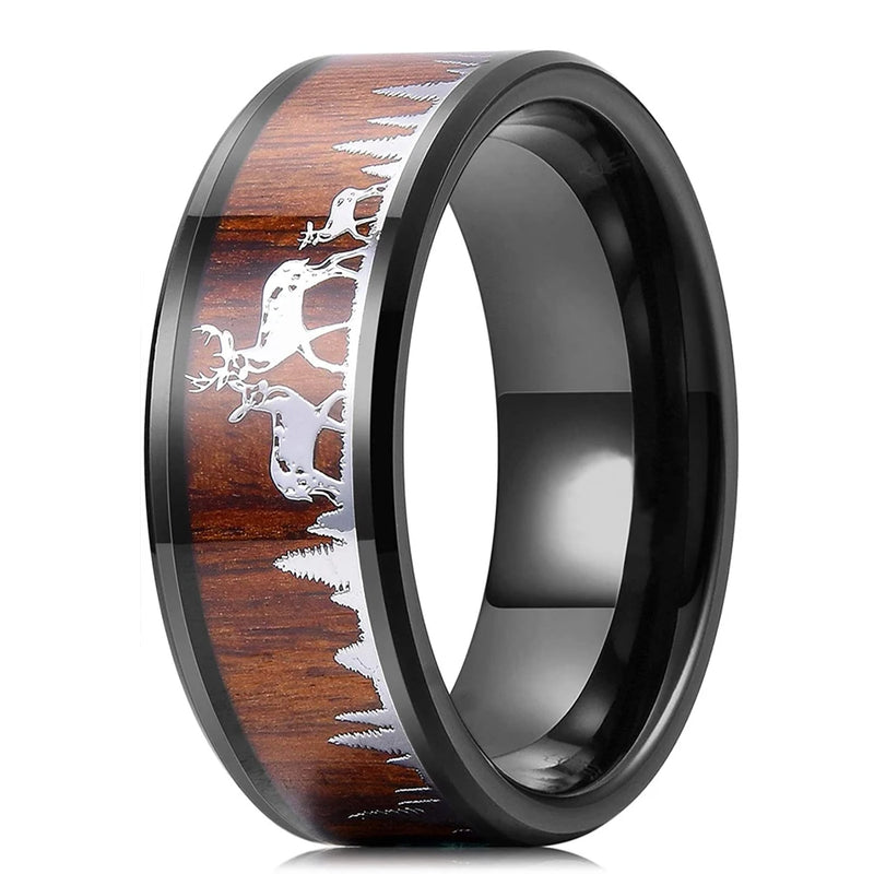 9mm Tungsten Wedding Band Inlay Koa Wood Deer Family Silhouette Ring