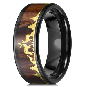 9mm Tungsten Wedding Band Inlay Koa Wood Deer Family Silhouette Ring