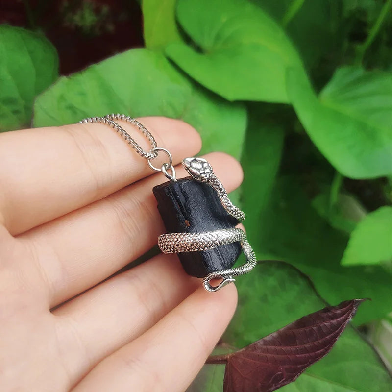 Tourmaline Stone Snake Pendant Necklace Crystal Gem Healing Stone