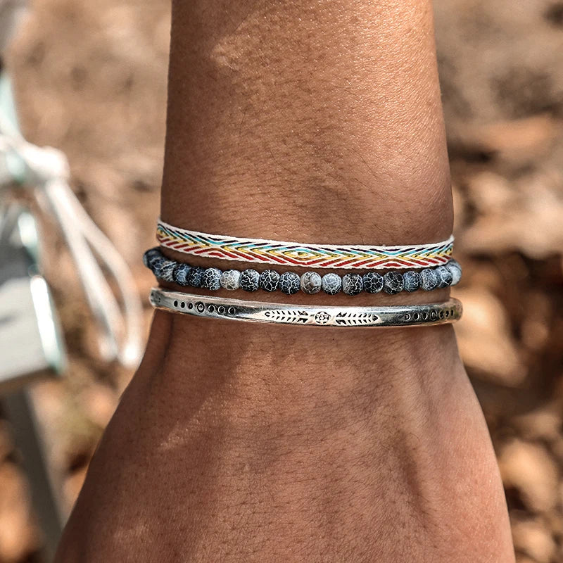 925 Silver Plated Natural Agate Beaded Rope Friendship Bracelet Set