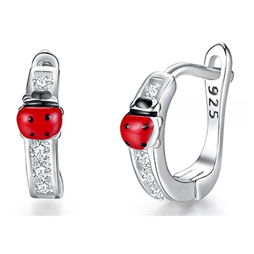 Christmas Stud Earrings 925 Silver Ladybug Clover Heart for Women Kids Girls