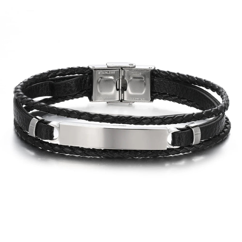 Music Symbol Leather Bracelet Vintage Titanium Steel Cuff Men