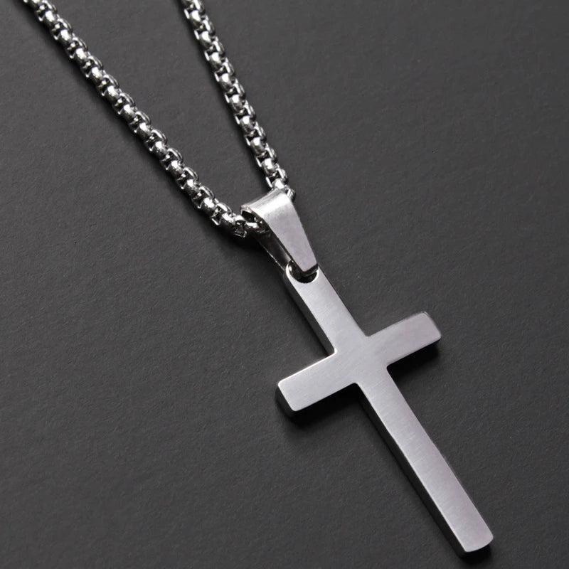Classic Cross Men Necklace Stainless Steel Box Chain Pendant Necklace