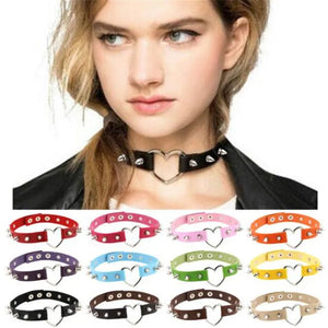 Rivet PU Leather Heart Choker Necklace Women Punk Statement Jewelry