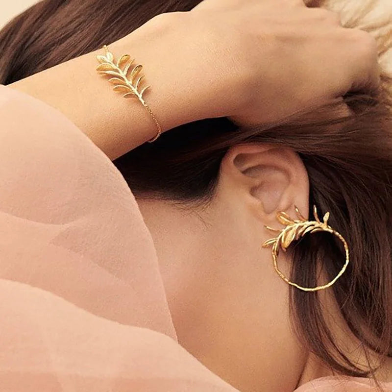 French Stylish Leaf Hoop Earrings for Women