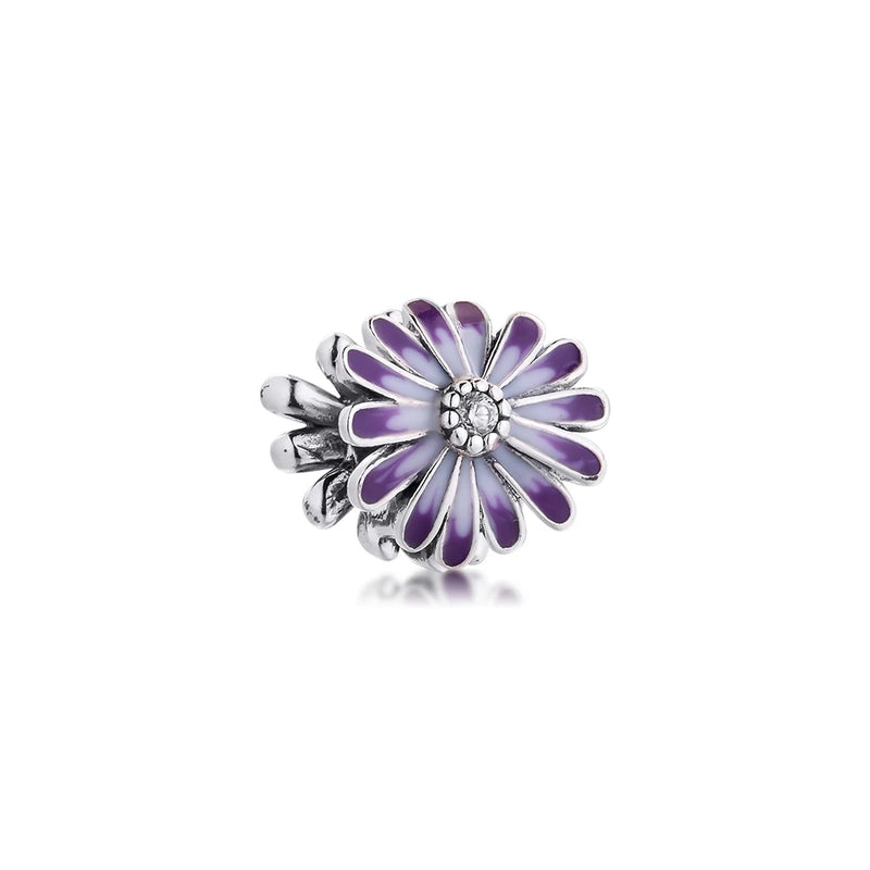 Purple Daisy Charm for Snake Chain Bracelets Sterling Silver Beads 925 Silver