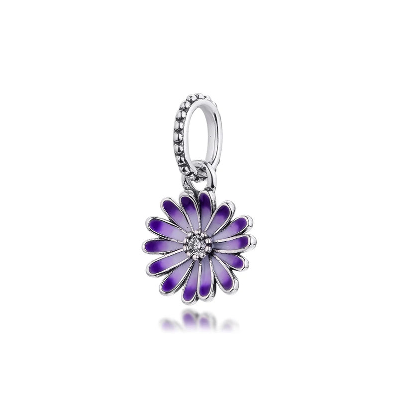 Sterling Silver Garden Purple Daisy Dangle Charm for Bracelets