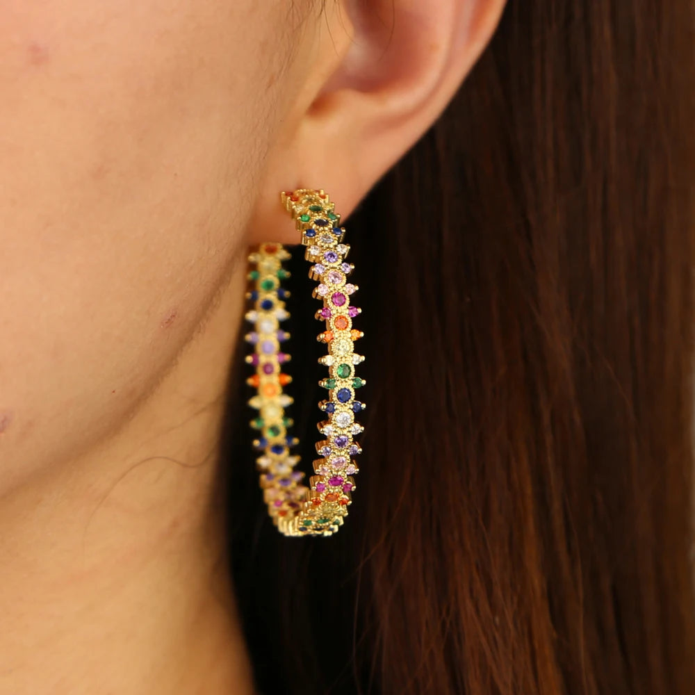 Rainbow CZ Paved Big Hoop Earrings for Women