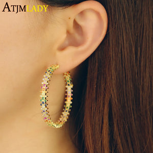 Rainbow CZ Paved Big Hoop Earrings for Women
