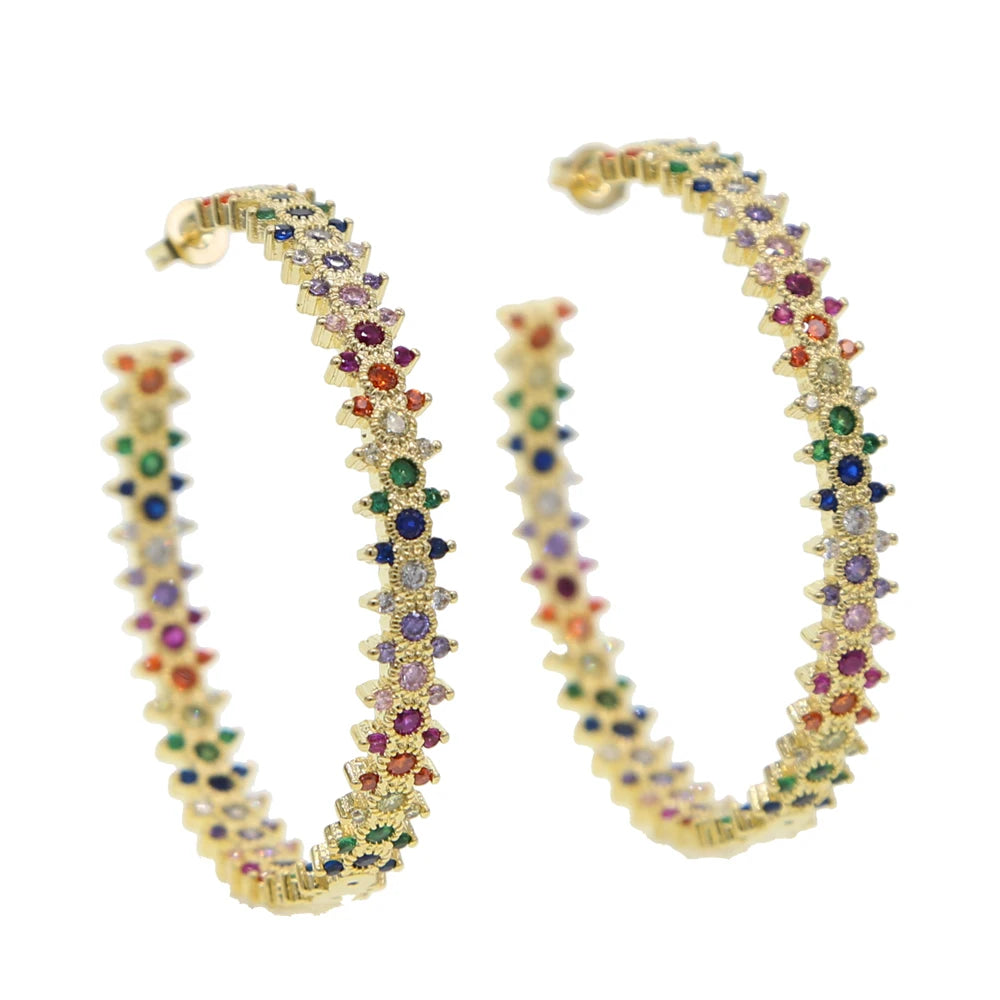 Rainbow CZ Paved Big Hoop Earrings for Women