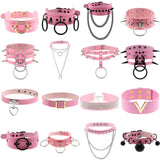 Goth Pink PU Leather Necklaces with Spike Rivet Sexy Collar