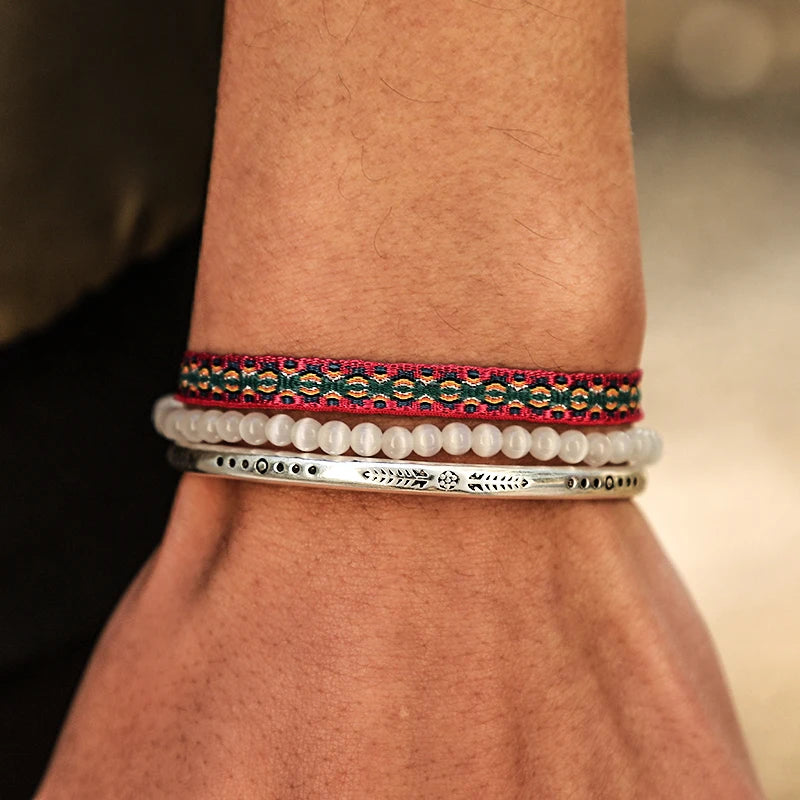 925 Silver Plated Cat's Eye Bead Bracelet with Tibetan Buddha Rope Chain
