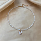 Butterfly Heart Choker Pearl Necklace for Women