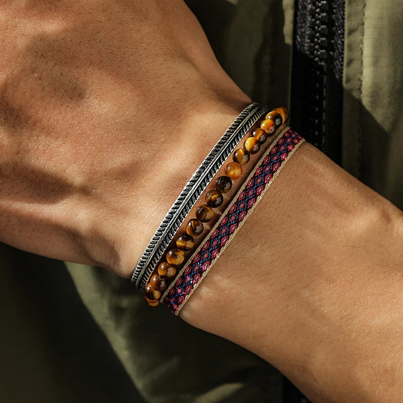 Men's 925 Silver Plated Cuff Bracelet with Tiger Eye Beads