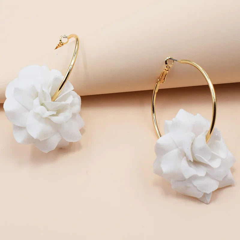 Chiffon Flowers Hoop Earrings Women Party Jewelry