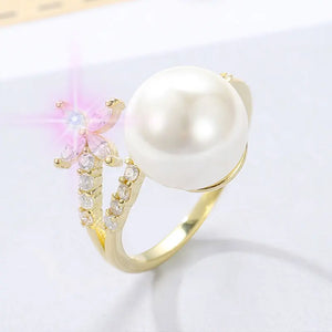 Crystal Flower Pearl Rings, Elegant Zircon Korean Jewelry