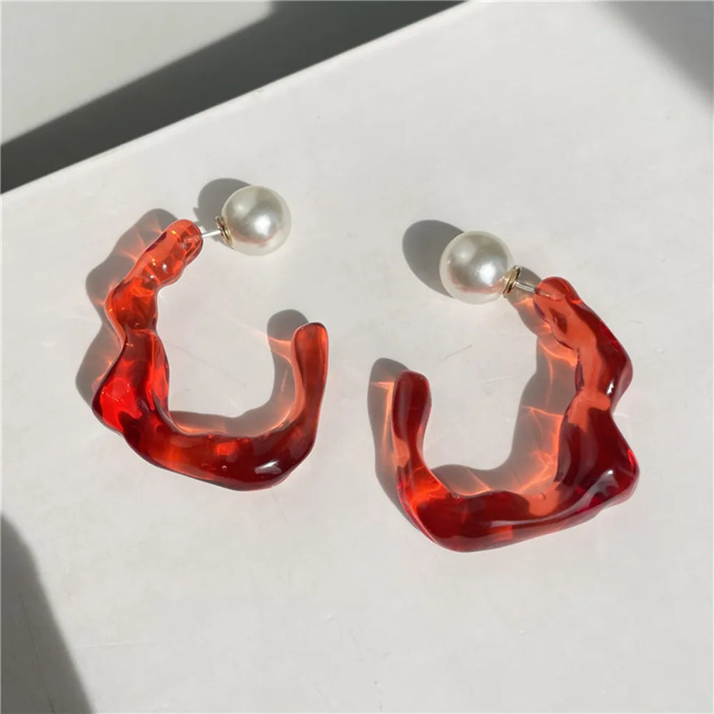 Korea Acrylic Pearl C-shaped Hoop Earrings Bling Resin Stud Statement Jewelry