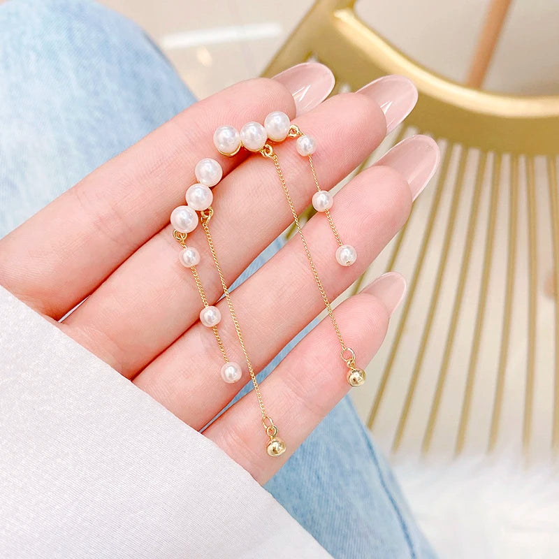 Korea Long Tassels Pearl Ear Stud Women Wedding Earrings Noble Gift