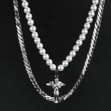 Double Cuban Chain with Angel Pendant and Pearl Necklace