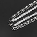 Double Cuban Chain with Angel Pendant and Pearl Necklace