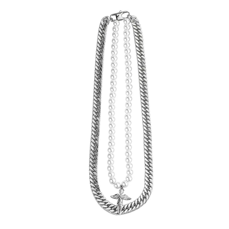 Double Cuban Chain with Angel Pendant and Pearl Necklace