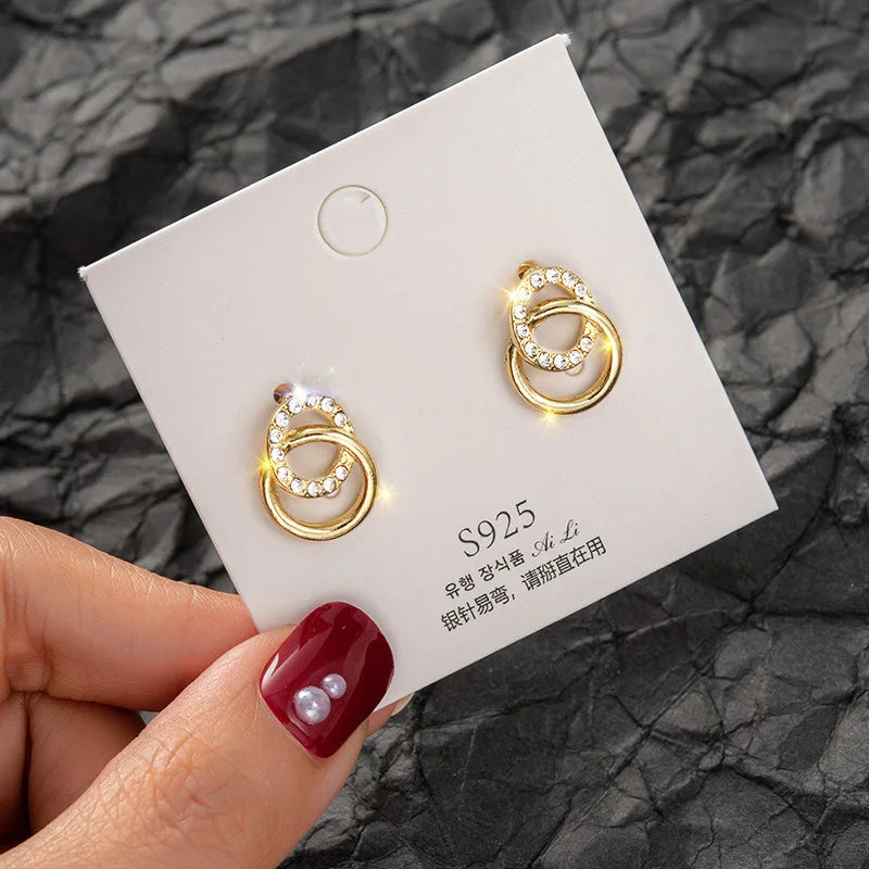 Double Circle Rhinestone Drop Earrings Small Pendientes Jewelry