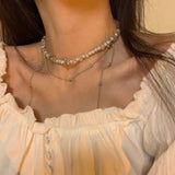 Kpop Goth Double Layer Pearl Silver Metal Clavicle Chain Necklace