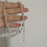 Kpop Goth Double Layer Pearl Silver Metal Clavicle Chain Necklace