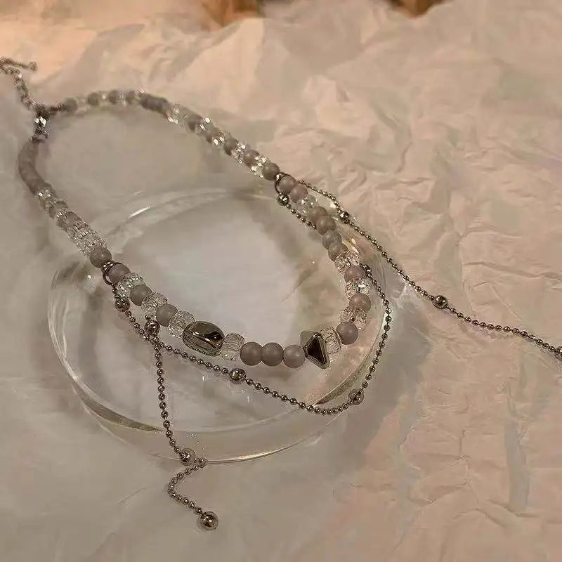 Kpop Goth Double Layer Pearl Silver Metal Clavicle Chain Necklace