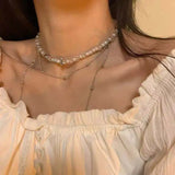 Kpop Goth Double Layer Pearl Silver Metal Clavicle Chain Necklace