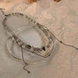 Kpop Goth Double Layer Pearl Silver Metal Clavicle Chain Necklace