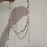 Kpop Goth Double Layer Pearl Silver Metal Clavicle Chain Necklace