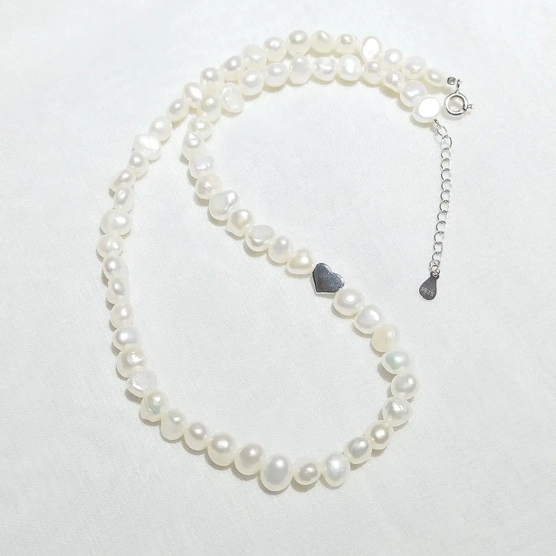 Love Heart 925 Sterling Silver Choker Necklace Baroque Pearl Necklace