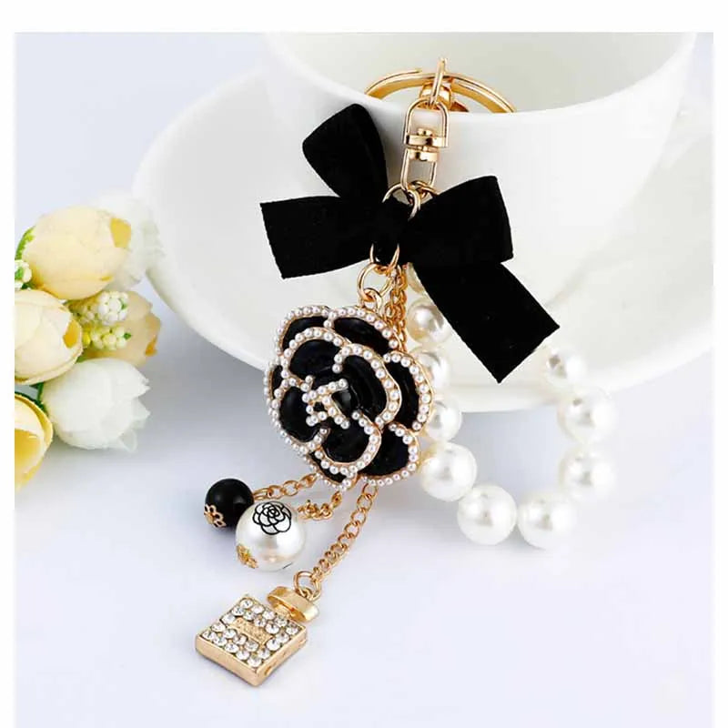 Camellia Flower Bow Keychain Rhinestone Lock Umbrella Pendant