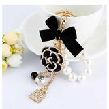 Camellia Flower Bow Keychain Rhinestone Lock Umbrella Pendant
