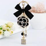 Camellia Flower Bow Keychain Rhinestone Lock Umbrella Pendant