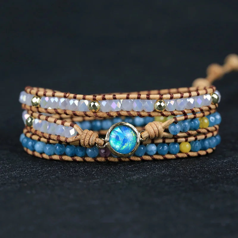 Round Shape Charm Leather Wrap Bracelet Bangle Ocean Jewelry