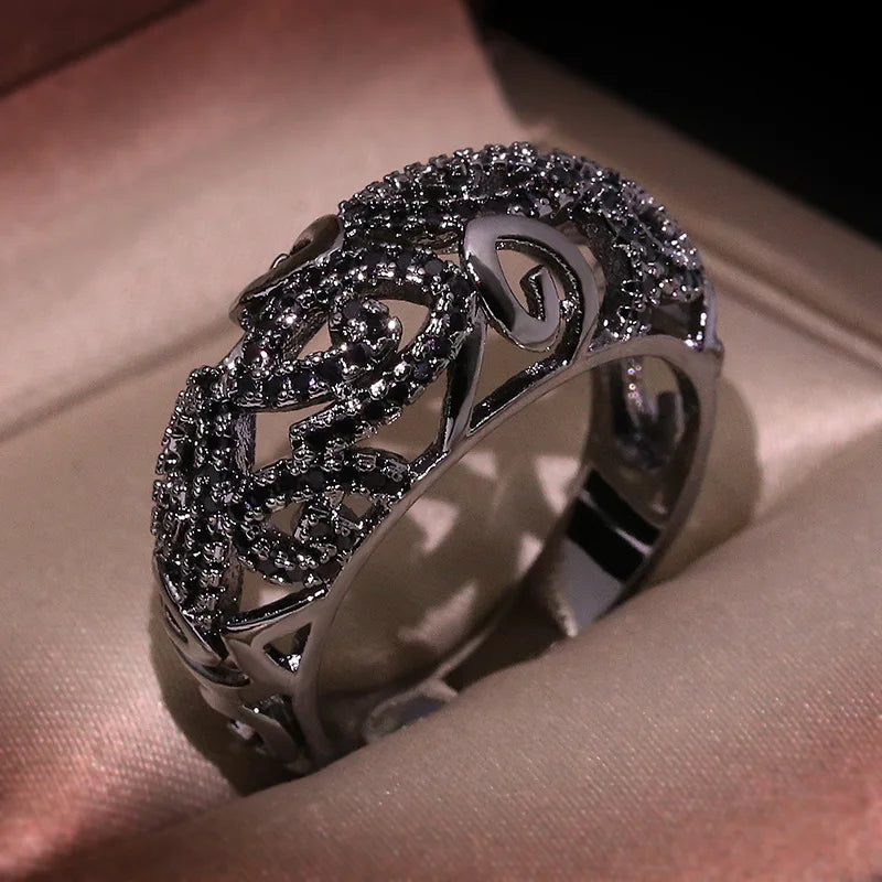 Vintage Silver Plate Gothic Ring with Zircon Stone for Women Wedding