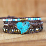 Natural Stones Heart Shape Charm Leather Wrap Bracelet