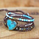 Natural Stones Heart Shape Charm Leather Wrap Bracelet